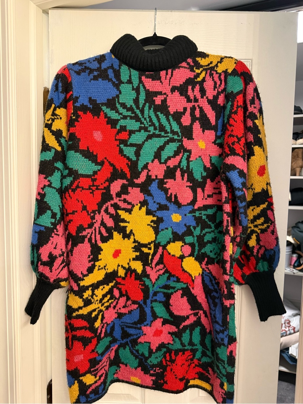 FARM Rio Black Multicolor Floral Knit Turtleneck Dress
